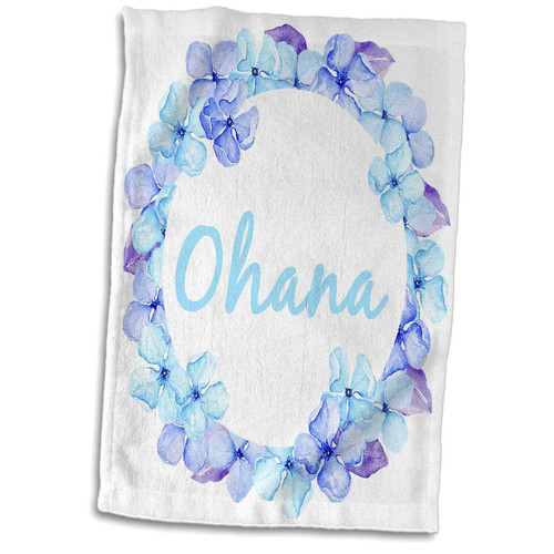 3dRose Ohana in a Ring of Blue and Purple Flowers. White Background. - Towels (twl-323413-1)