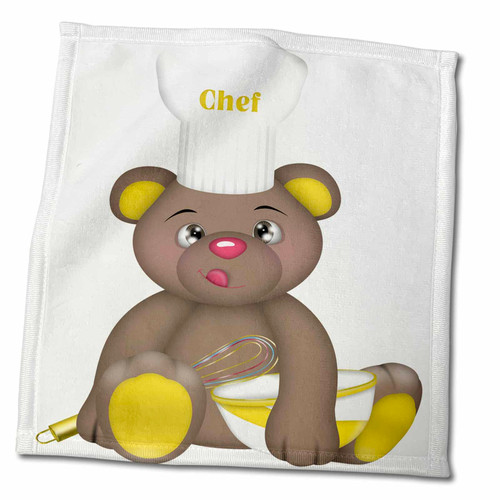 3dRose Cute Brown and Yellow Chef Bear with Whisk and Bowl Illustration - Towels (twl-327352-3)