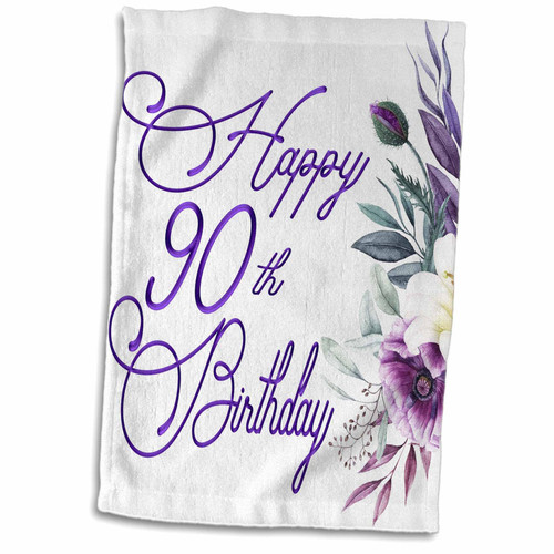 3dRose Happy 90th Birthday in Purple with Purple Flowers - Towels (twl-359421-1)
