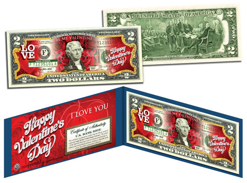 Happy Valentine's Day Red Uncirculated Two Dollar Bill Special Edition Collectible Display Holder and Certificate