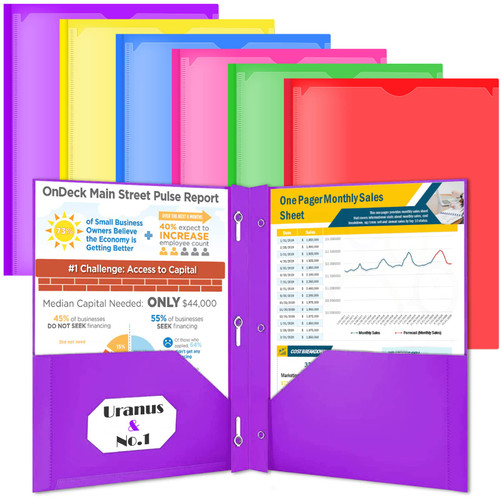 6 Packs Plastic Folders with Prongs, Multicolor Heavy Duty 2 Pocket Folders with Clear Front Pocket for Letter Size Paper, Folder with Card Slot for School, Office and Home