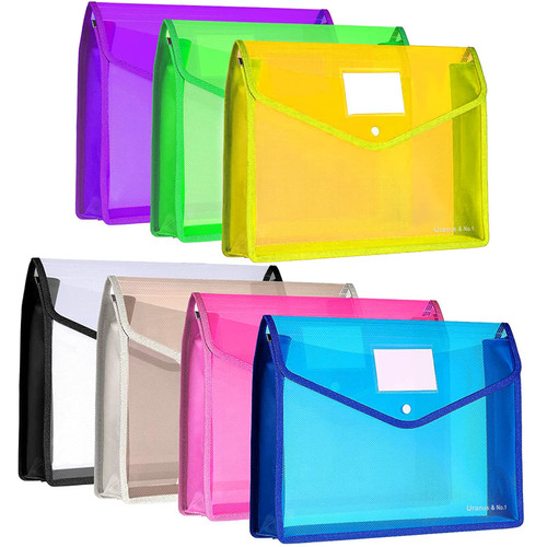 7 pcs Plastic File Folder Poly Envelope Transparent Expanding File Wallet Organizer Documents Folders with Snap Closure and Pocket, Waterproof File Pouch for School Office