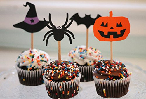 Fun Jack O' Lantern, Spiders, and Witch Hats Cupcake Toppers for Halloween. set of 12