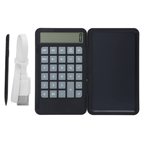 Black Portable Desk Calculator with Foldable Handwriting Board Writing Tablet and LCD 12 Digits Display,Chargeable Calculator, School Supplies for High School Students