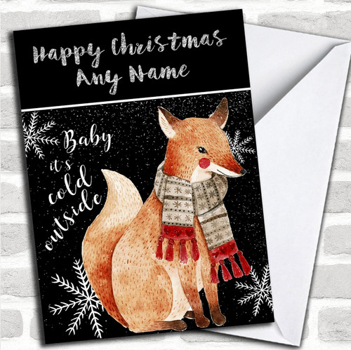 Cold Outside Snow Black Fox Personalized Childrens Christmas Holiday Greetings Card