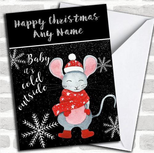 Cold Outside Snow Black Mouse Personalized Childrens Christmas Holiday Greetings Card