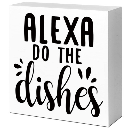 Rustic Alexa Do the Dishes Kitchen Sign Decor,Funny Kitchen Wood Block Signs,Farmhouse Kitchen Wooden Box Sin Decor for Home Kitchen Shelf Counter Desk Table Decor