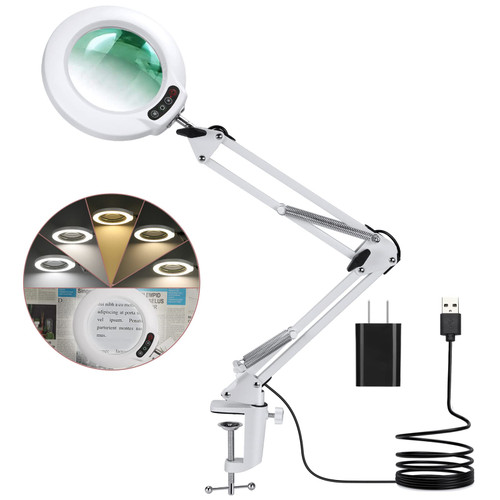 Veemagni 10X Magnifying Glass with Light, 5 Color Modes Stepless Dimmable, Adjustable Swing Arm LED Lighted Desk Lamp & Clamp, Hands Free Magnifier Light and Stand for Craft Hobby Close Works - White
