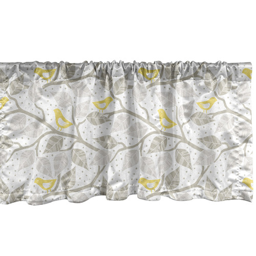 Ambesonne Grey and Yellow Window Valance, Abstract Tree Branches with Leaves Birds and Dots Spring Nature, Curtain Valance for Kitchen Bedroom Decor with Rod Pocket, 54" X 12", Grey Yellow
