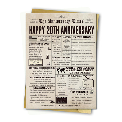 Jumbo 20th Anniversary Cards Gifts for Wife Husband, Happy 20th Anniversary Card for Couple, Vintage 20th Wedding Anniversary Card for Him Her, 20 Year Birthday Anniversary Decorations for Women Men