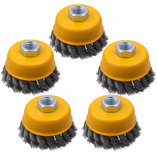 3 Inch Coarse Twisted Knotted Wire Wheel Brush for Angle Grinder, 5/8 Inch-11 Threaded Arbor, WENHUALI 5 Pack 0.020" Carbon Steel Angle Grinder Wire Wheel for Deep Sanding Heavy Rust, Paint.