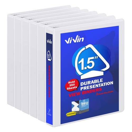 ViVin Durable 1.5 Inch D Ring Binders, 1.5'' 3 Ring View Binder with Customizable Clear Cover, Holds 350 Sheets of 8.5" x 11" Paper, 6 Pack, White
