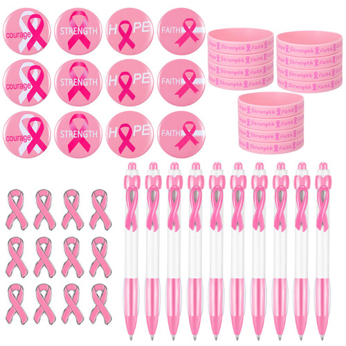 Wavyknot 48 Pcs Breast Cancer Awareness Gifts Include 12 Pcs Pink Ribbon Bracelets 12 Pcs Breast Cancer Awareness Lapel Pins 12 Pcs Pink Ribbon Pen 12 Pcs Round Badges for Breast Cancer Event Supplies
