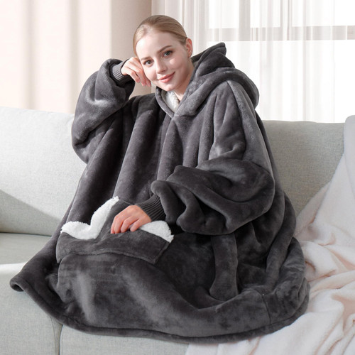 Touchat Wearable Blanket Hoodie, Oversized Sherpa Fleece Sweatshirt Blanket with Giant Hood Pocket and Sleeves for Adult, Warm & Cozy Grey Hooded Blanket Gifts for Adult Women Men