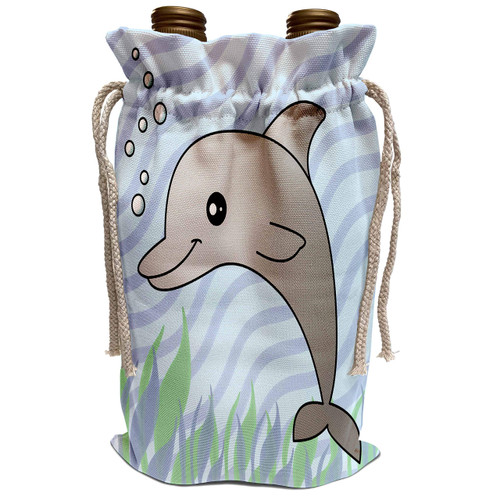 3dRose Janna Salak Designs Under the Sea - Cute Grey Dolphin Blue Ocean - Wine Bag (wbg_13807_1)