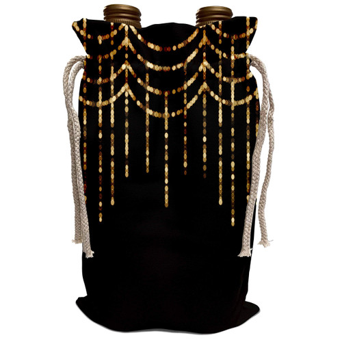 3dRose Anne Marie Baugh - Sparkle - Faux Gold Sparkle Bunting Fairy Lights On Black - Wine Bag (wbg_239933_1)