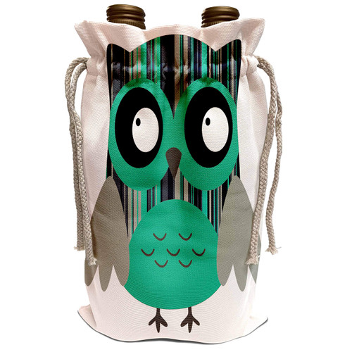 3dRose Anne Marie Baugh Owls - Cute Green and Grey Striped Owl - Wine Bag (wbg_61002_1)