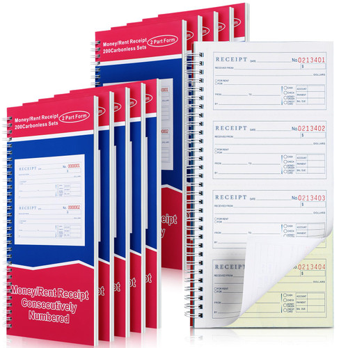 Crtiin 10 Books Money and Rent Receipt Book 2 Part Carbonless Receipt Log Book with Carbonless Copies, Spiral Bound, 200 Sets Per Book, 4 Receipts Per Page (5.25 x 11 Inch)