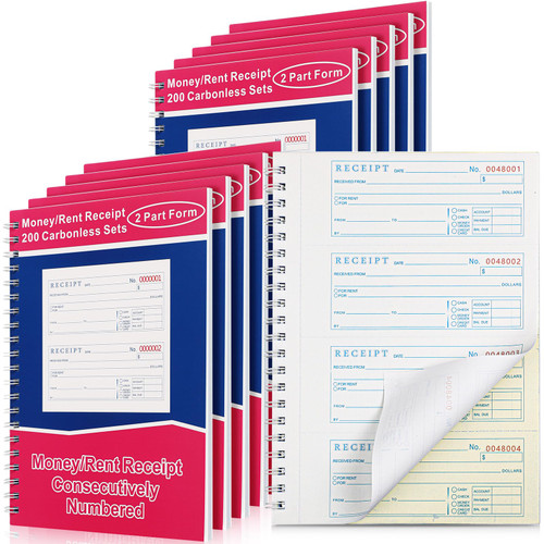 Crtiin 10 Books Money and Rent Receipt Book 2 Part Carbonless Receipt Log Book with Carbonless Copies, Spiral Bound, 200 Sets Per Book, 4 Receipts Per Page (7.625 x 11 Inch)