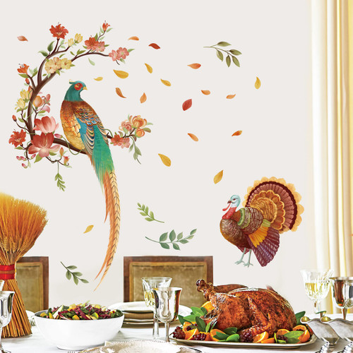 wondever Pheasant Large Turkey Thanksgiving Wall Stickers Flowers Tree Branch Peel and Stick Wall Art Decals for Restaurant Kitchen Dining Room TV Wall