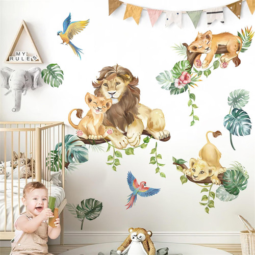 wondever Safari Animal Lion Wall Stickers Jungle Animal Tree Branch Peel and Stick Wall Art Decals for Baby Nursery Kids Bedroom Classroom