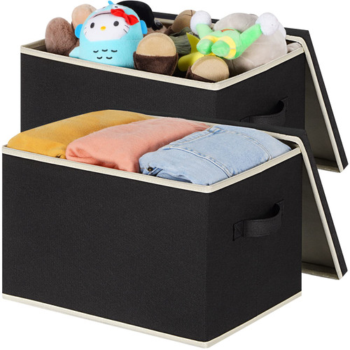 LHZK Fabric Storage Bins with Lids for Organizing, Foldable Storage Baskets with Lids for Shelves, Closet Storage Bins with Reinforced Handles, Collapsible Storage Boxes, Large, Black, 2-Pack LHZK Fabric Storage Bins with Lids for Organizing, Foldable Storage Baskets with Lids for Shelves, Closet Storage Bins with Reinforced Handles, Collapsible Storage Boxes, Large, Black, 2-Pack