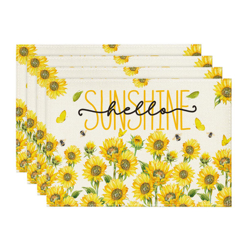 Artoid Mode Sunflower Butterfly Bee Hello Sunshine Summer Placemats Set of 4, 12x18 Inch Seasonal Table Mats for Party Kitchen Dining Decoration