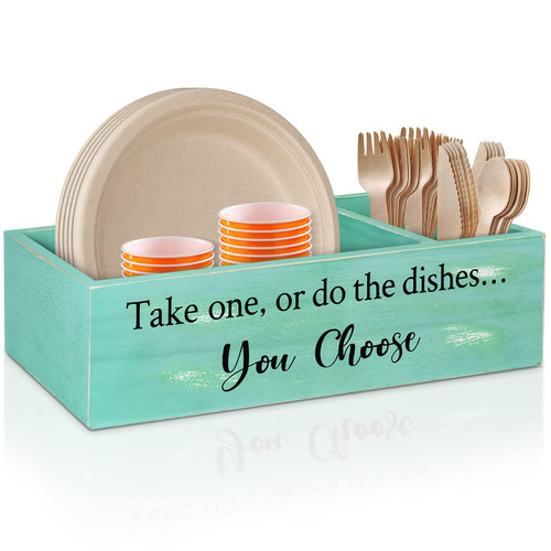 Paper Plate Holders Utensil Caddy for Kitchen Counter,Wood Utensil Holder Organizer for Plate Cup Fork Spoon Napkin,Silverware Caddy Disposable Dish Holder for Wedding,Party,BBQ, Camping, Teal