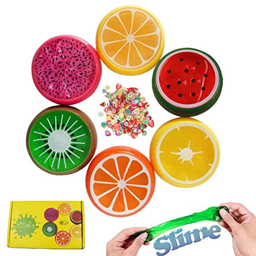 BSTYU Fruit Slime Kit Fluffy Slime Magic Crystal Clay Putty Toy for for Kids Adults, 6 Pack with Fruit Slice