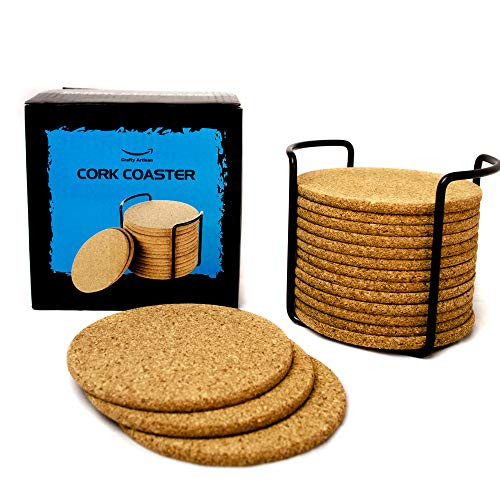 Natural Cork Coasters for Drinks - 16pc Set with Metal Holder Storage Caddy - Absorbent Round Edge 4 Absorbent, Cups & Mugs, Eco-Friendly, Heat-Resistant, Reusable Saucers for Cold Drinks, Wine Glass