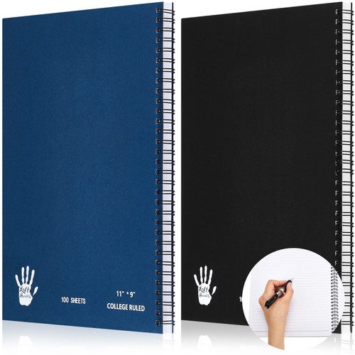 2 Pads Jumbo Left Handed Notebook 11" x 9" Lefty Wire Bound Notebooks 200 Pages 100 Sheets Left Handed Journal Spiral Notebooks for Lefties Supplies School Office 2 Colors Blue and Black