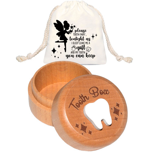 Tooth Fairy Box with Tooth Fairy Bag Pouch,3D Carved Wooden Box,Souvenir Dropped Tooth, Baby Teeth Keepsake Storage Box, Tooth Fairy Gifts for Kids.