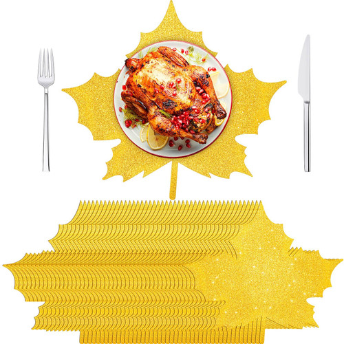 Zhanmai 100 Pieces Thanksgiving Disposable Placemats Glitter Maple Leaves Paper Place Mats Autumn Harvest Table Mats for Fall Halloween Kitchen Decor Dining Table Vintage Placemats