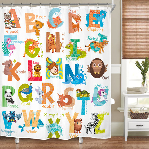 Riyidecor Kids Alphabet Shower Curtain for Bathroom Decor 60Wx72H Cartoon Cute ABC Educational Learning Colorful Animals Flamingo Child Art Printed Fabric Polyester Waterproof 12 Pack Plastic Hooks Riyidecor Kids Alphabet Shower Curtain for Bathroom Decor 60Wx72H Cartoon Cute ABC Educational Learning Colorful Animals Flamingo Child Art Printed Fabric Polyester Waterproof 12 Pack Plastic Hooks