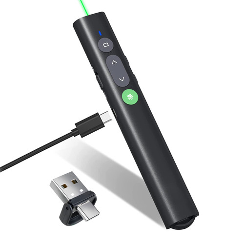 Presentation Clickers USB C PowerPoint Clicker with Laser Pointer, RF2.4GHz USB Wireless Presenter Remote Clicker for PowerPoint Presentations for Mac/Laptop/Computer with Hyperlink/Volume Control