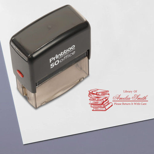 Printtoo Personalized Red Self Inking Custom Teacher Library Stamp Custom Rubber Stamper-68 x 30 mm