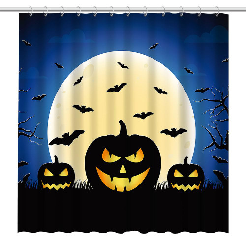 TOKTILIKT Halloween Shower Curtain Horrible Full Moon Night Pumpkin Dead Tree Bat Overgrown Bathroom Set with Hooks Waterproof Bathroom Decoration 72x72in