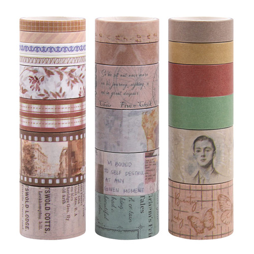 Dizdkizd Vintage Brown Washi Tape Set, 20 Rolls Autumn Aesthetic Washi Tape Antique Junk Journal Supplies Thin Wide Masking Tape for Scrapbook, Planner, Bullet Journals