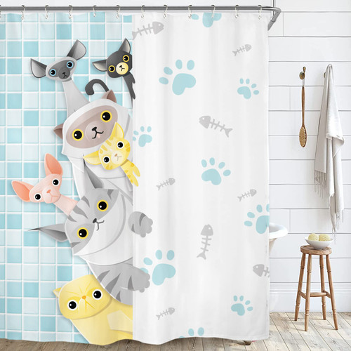 Riyidecor Funny Cat Shower Curtain for Bathroom Decor 60Wx72H Kid Cute Cartoon Animals Colorful Teal Pets Animal for Boys Girls Fun Lovely Art Printed Fabric Polyester Waterproof 12 Pack Plastic Hooks Riyidecor Funny Cat Shower Curtain for Bathroom Decor 60Wx72H Kid Cute Cartoon Animals Colorful Teal Pets Animal for Boys Girls Fun Lovely Art Printed Fabric Polyester Waterproof 12 Pack Plastic Hooks