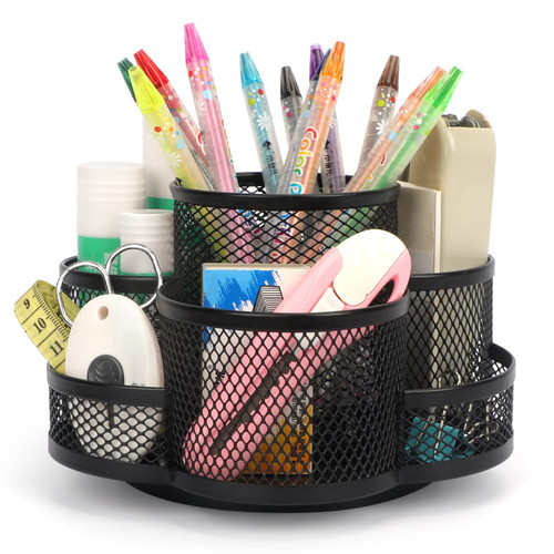 WWW Desk Organizers and Accessories Mesh Desk Organizer, Office Supplies Organizer with Drawer, Metal Stationery Caddy Mesh Pencil Holder, 4 Compartments, Multi-functional Caddy Pen Holder Black