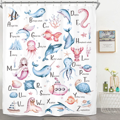 Riyidecor ABC Alphabet Shower Curtain for Bathroom Decor 60Wx72H Kids Ocean Theme Educational Children Learning Cartoon Sea Animal Boys Girls Child Fabric Polyester Waterproof 12 Pack Plastic Hooks Riyidecor ABC Alphabet Shower Curtain for Bathroom Decor 60Wx72H Kids Ocean Theme Educational Children Learning Cartoon Sea Animal Boys Girls Child Fabric Polyester Waterproof 12 Pack Plastic Hooks