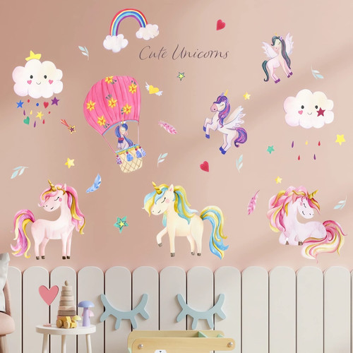 Colorful Unicorn Wall Decals for Kids Cloud Rainbow Hot Air Balloon Star Wall Stickers Girls Room Playroom Baby Nursery