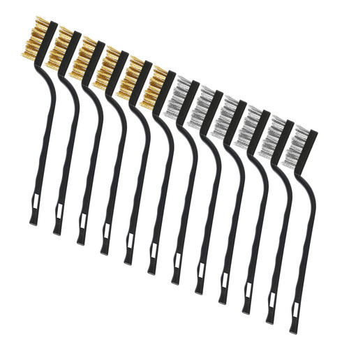 MIDELONG 12 Pieces Wire Brush Set (Stainless Steel + Brass) Mini Wire Brush Curved Handle Masonry Brush Wire Bristle Scratch Brush Set for Cleaning Welding Slag and Rust