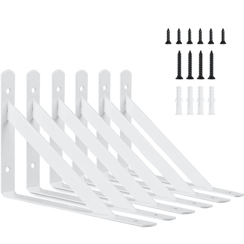 6 Inch Shelf Brackets, 6 Pack Heavy Duty L Brackets for Shelves, 90 Degree Triangle Metal Supports for DIY Floating Shelf with Screws ( White)