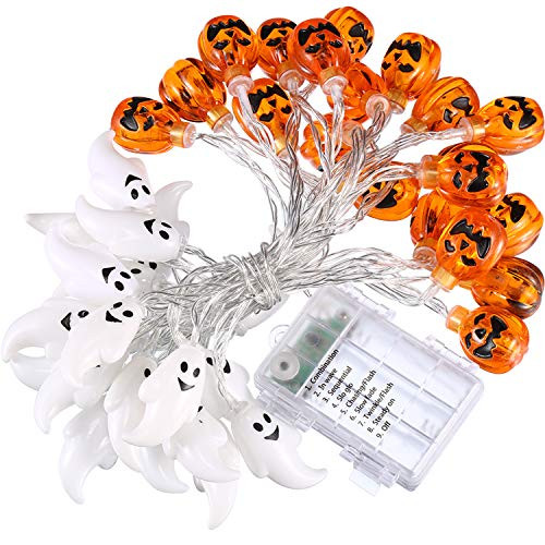 Boao 19.7 ft Halloween String Lights Ghost Fairy and Pumpkin Lights, 40 LED Waterproof Cute Ghost and Pumpkin LED Lights Decors, 8 Modes Steady/Flickering Lights (Light Sensor) Multicolor
