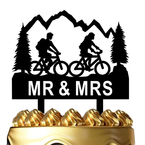 Funny Wedding Cake Topper - Groom and Bride with Backpacks on Mountain Bikes - Mountain Biker Couple Cake Topper, Mr&Mrs Wedding Cake Topper (Mountain Biker)