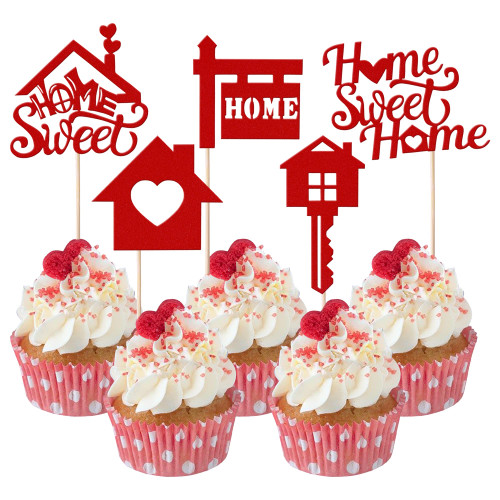 Rsstarxi 30 Pack Sweet Home Cupcake Toppers Glitter Key Housewarming Cupcake Picks Welcome New Home Theme House Warming Party Cake Decorations Supplies Red