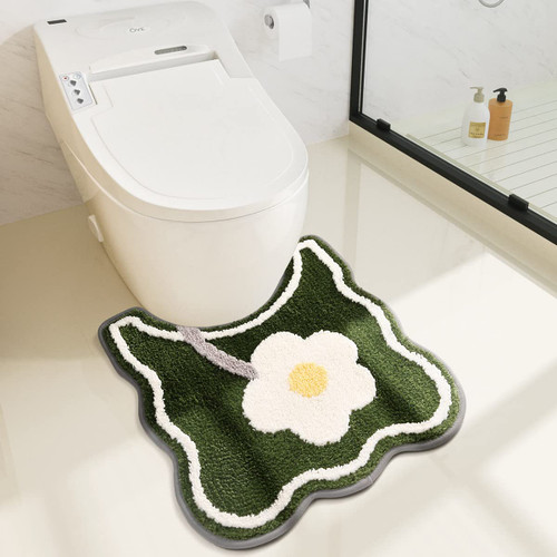 Tyrafry Toilet Bath Rug, U-Shaped Non-Slip Bathroom Rug, Flower Rug for Bathroom Floor Soft Plush Microfiber Mat Super Absorbent Washable Bath Shower Mat, 19.6 x 21.6 Inches, Green