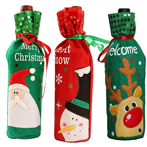 3Pcs Wine Bottle Cover Bags Gift Bags with Santa Claus, Snowman, Elk Patterns for Christmas Decorations