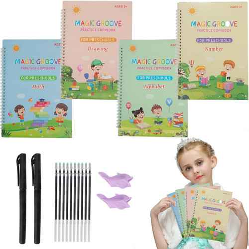 Bisnaz Grooved-handwriting Magic-practice Copybook Calligraphy Reusable - 4PCS Children's Magic Practice Copybooks Set,Magic Copy Books for Kids Ages 8-12 With Auto Disappear Ink Pen